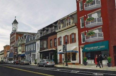 The main street of a town with multi colored buildings and various business signs